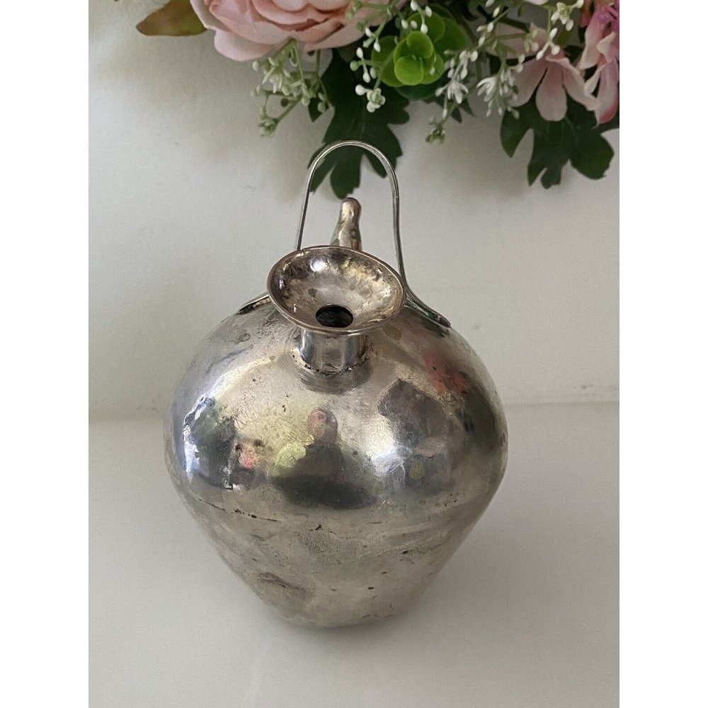 Vtg Metal Silver Color Gargoulette Jug or Botijo Water‎ Oil Jug Pitcher Handmade - Picture 13 of 16